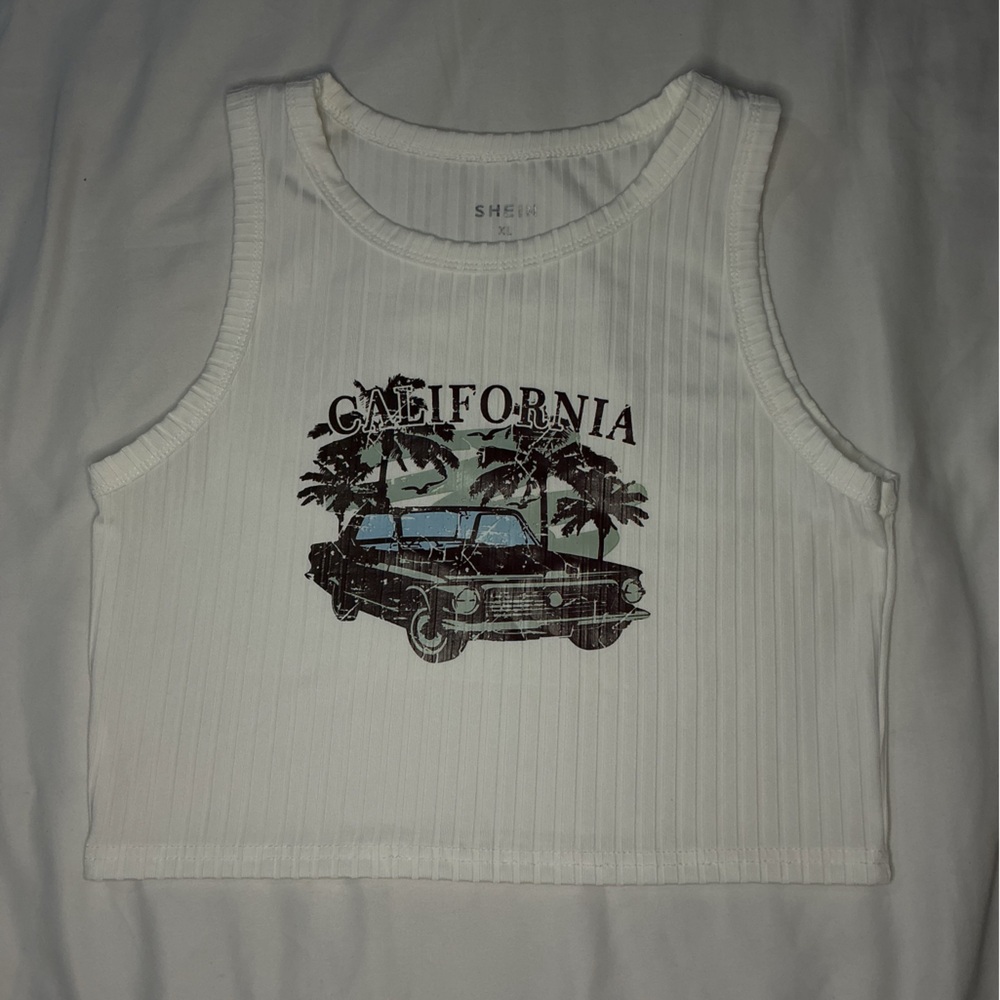SHEIN White Ribbed Tank Top with California Car & Palm Graphic